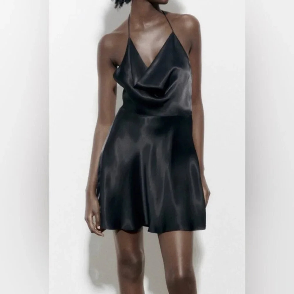 Zara Satin Effect Fluid Cowl Neck Mini  Dress NWT Black Size Medium